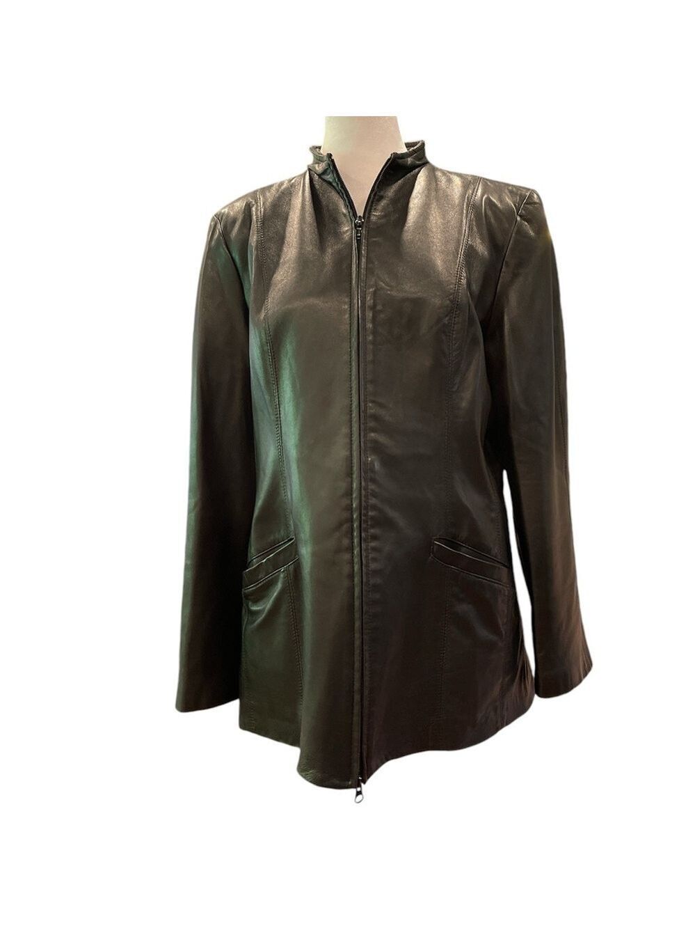 Danier M black leather car length lined tailored pocketed zip up jacket